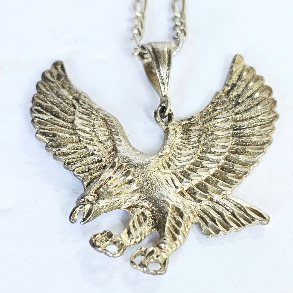Vintage Eagle Pendant Necklace Silver Tone Figaro Chain Biker Americana Jewelry